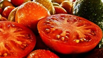 Colorful cut vegetables in water drops