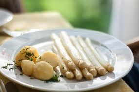 asparagus and potatoes with dill on a plate