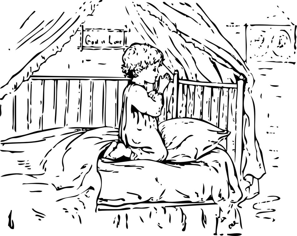 praying child boy on bed, vintage drawing