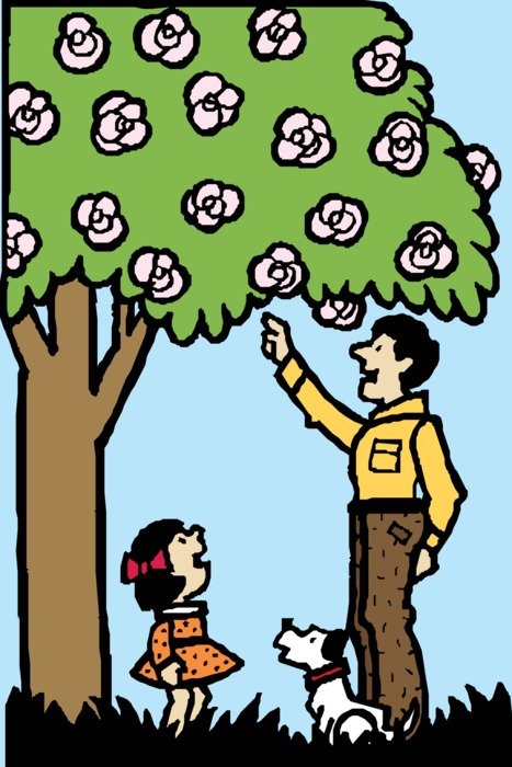 graphic image of a man, girl and dog under a tree