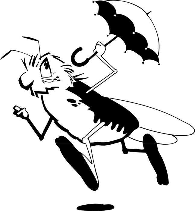 angry bug running with umbrella, drawing