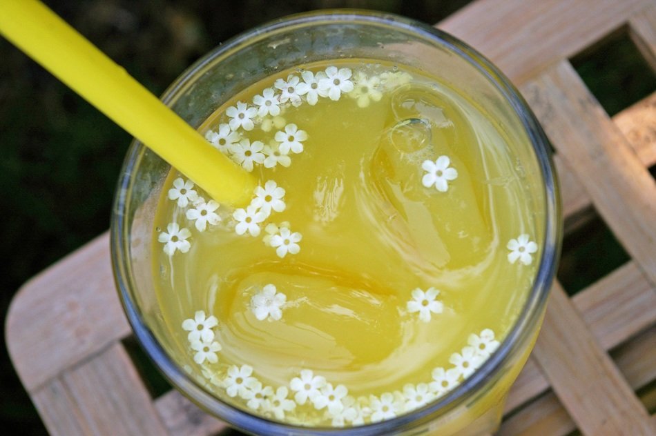fruit juice with ice cubes and a straw