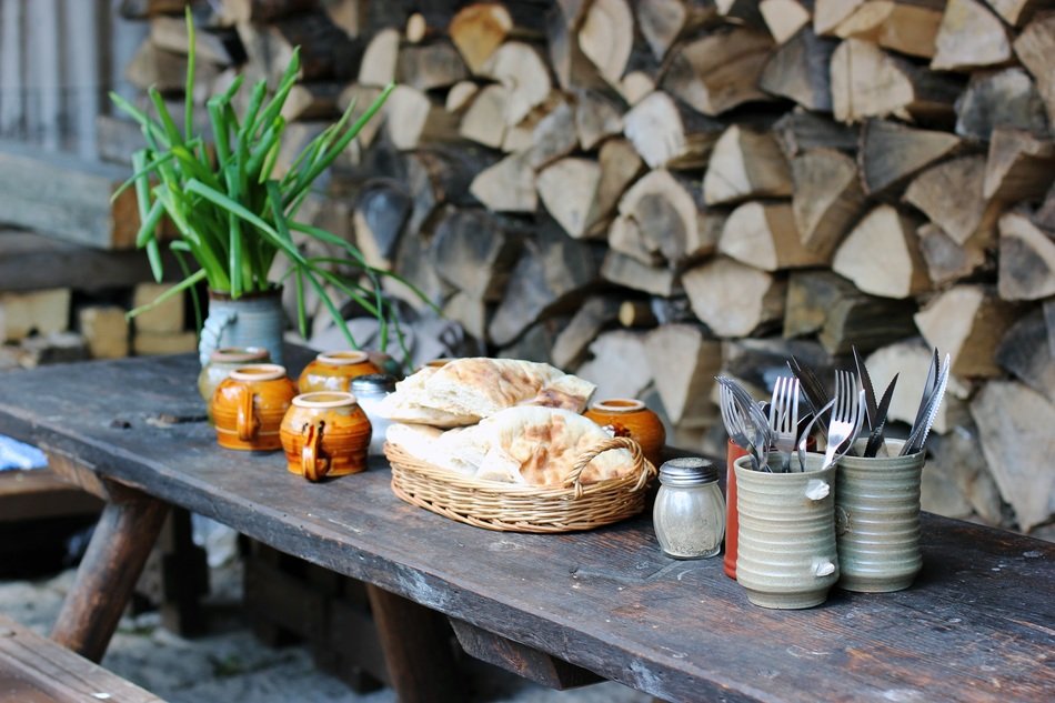 food on table at woodpile