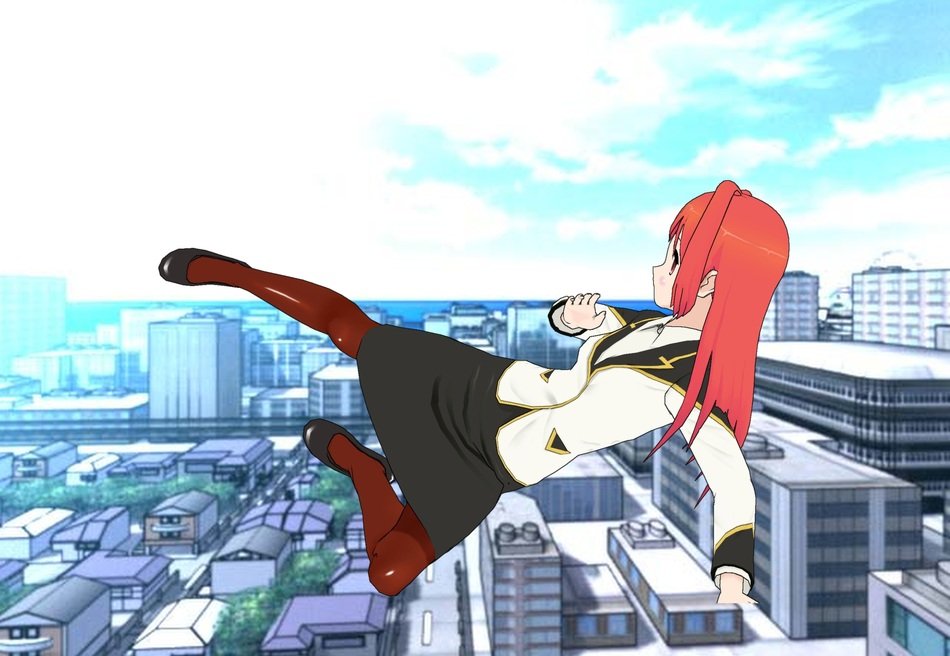 Anime Girl in the pose of the flight over the city