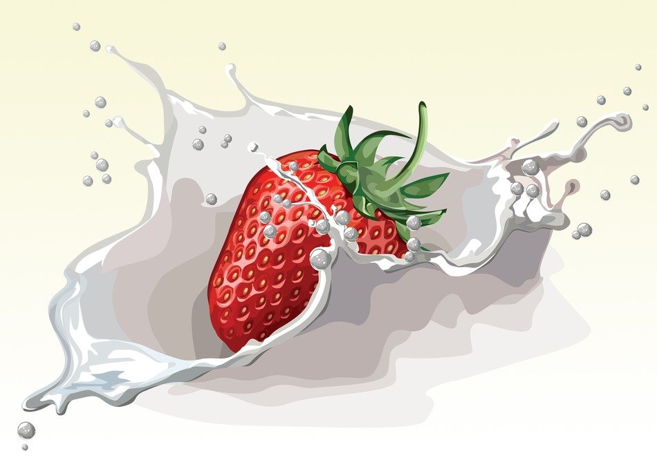 graphic picture of strawberry on a background of cream splashing