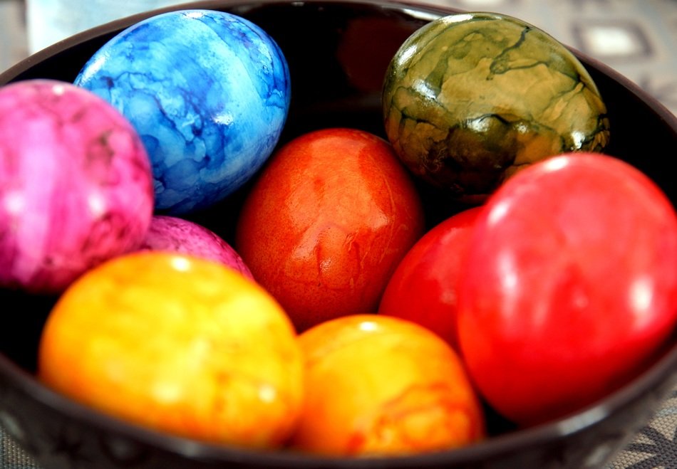 colorful easter eggs in the pot