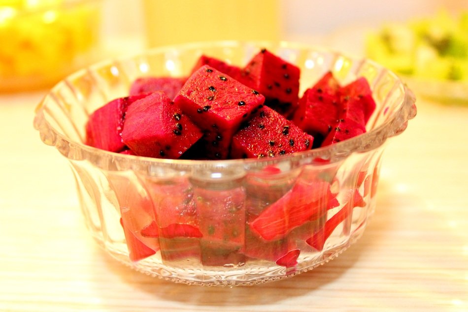 Diced watermelon in the glass bowl