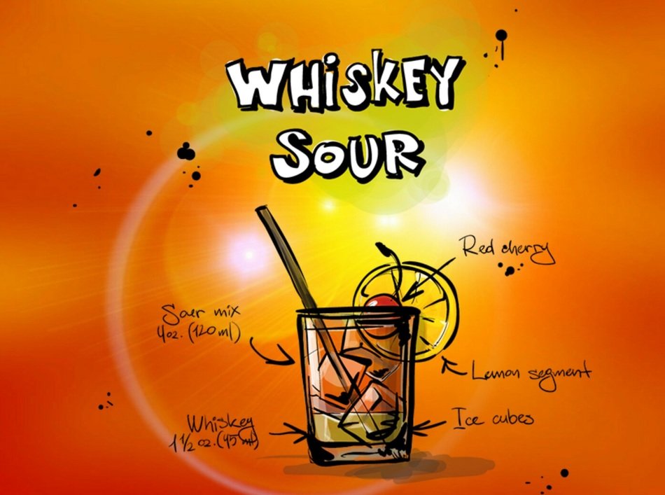 drawing of whiskey sour cocktail, alcohol drink with recipe