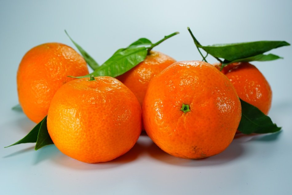 ripe tangerines with green leaves