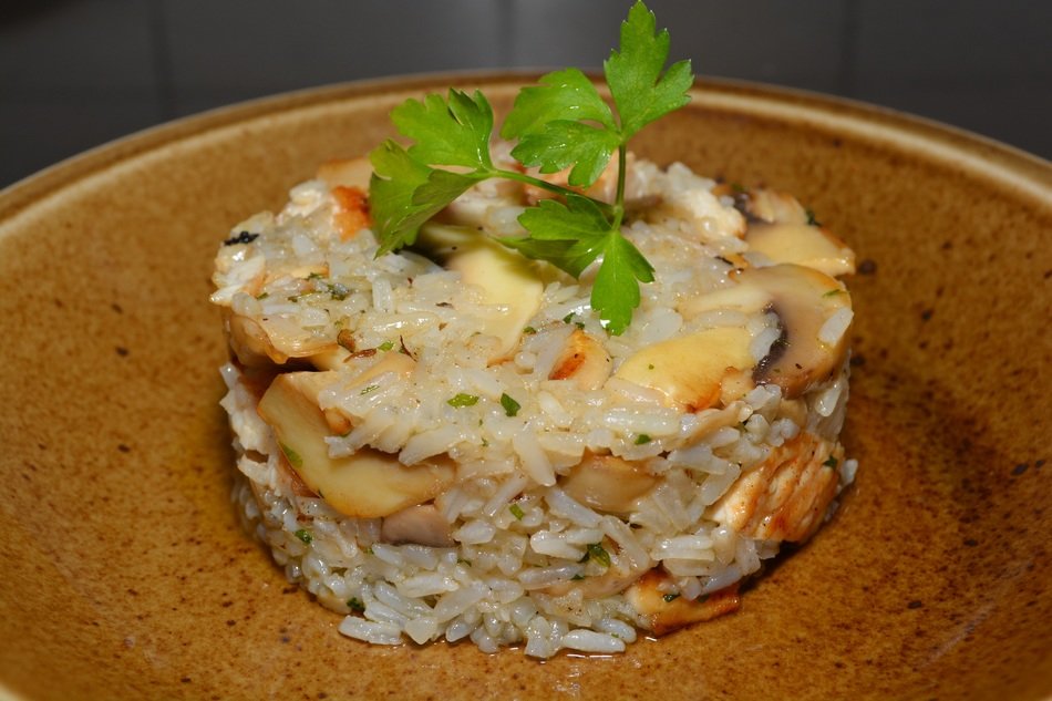 Decoratied rice with chicken and machrooms on brown dish