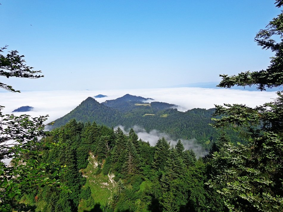 Landscape of mountain peaks and fog in Poland