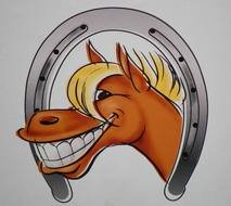 cartoon smiling horse head beneath horseshoe