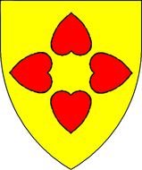 painted yellow shield with red hearts