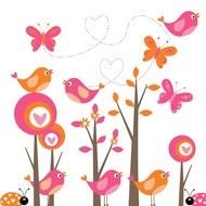 cartoon Pink and orange bugs, Butterflies and birds in garden, Clip Art