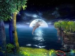 dolphin in a mystical landscape as a picture for clipart