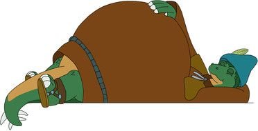 fat cartoon dino sleeps on his back
