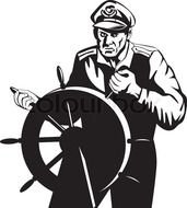 serious Captain At Helm, black and white drawing