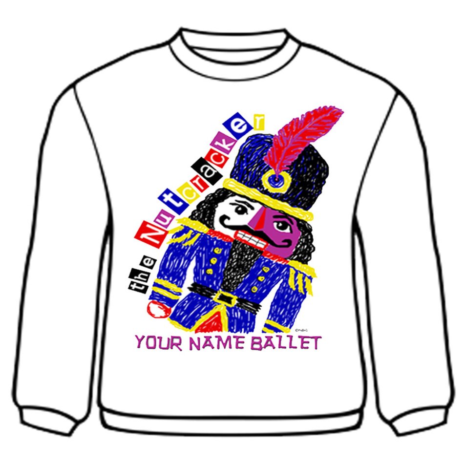 white sweatshirt with a bright pattern