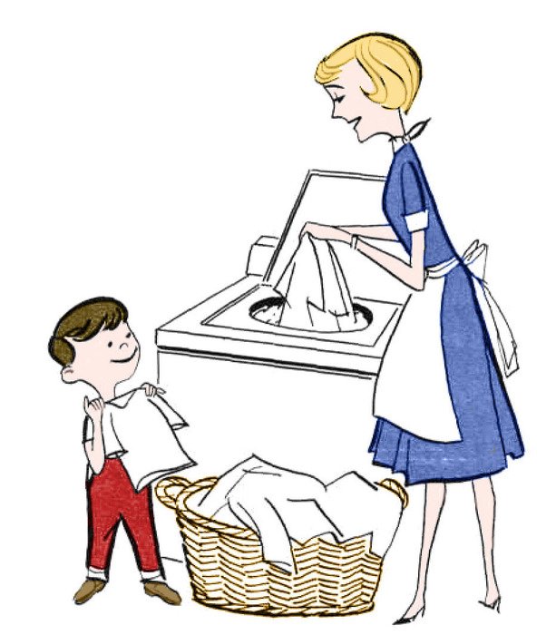 cartoon child boy and mother in Laundry