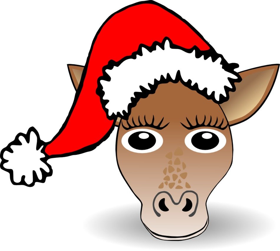 painted giraffe head in the cap of Santa Claus