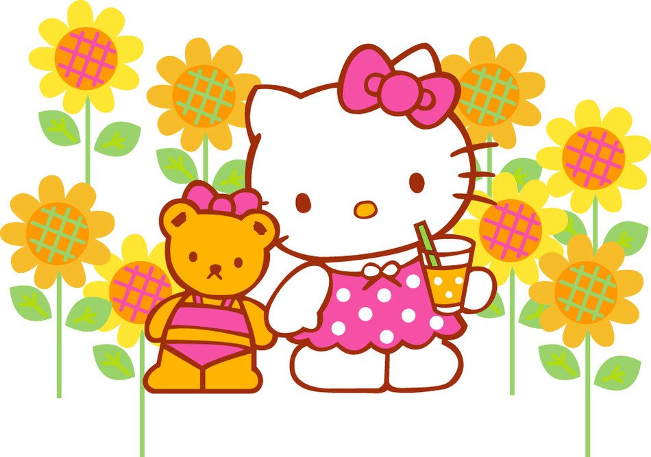 Hello Kitty character with teddy bear among flowers