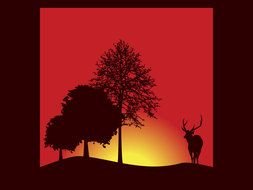 Deer In Forest At Sunset as a graphic illustration