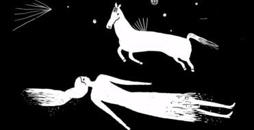 drawn flying girl and horse in space