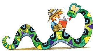 Summer Reading, cartoon child boy reads book to boa snake