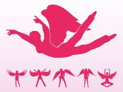 pink silhouettes of angels in various poses