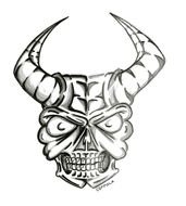 black and white drawing of a skull with horns