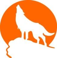 black silhouette of a howling wolf on a cliff against the background of an orange moon