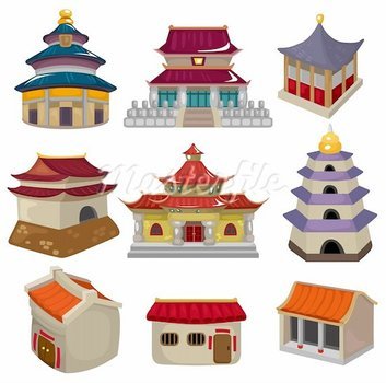 Cartoon Chinese House Icon Set