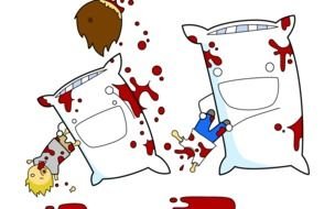 Cartoon pillow fight with the people clipart