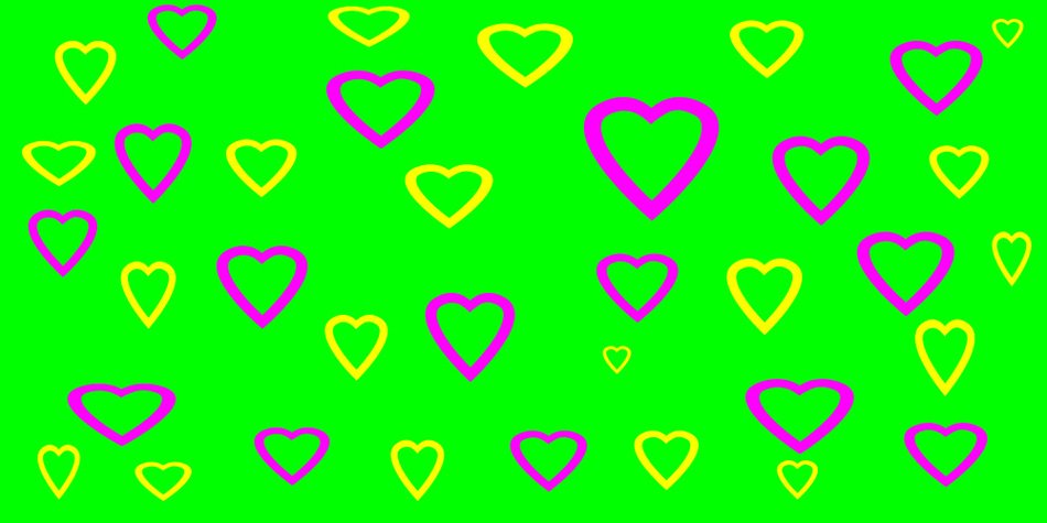 Green background with yellow and purple heart outlines
