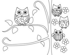 black and white picture of owls on a branch for coloring