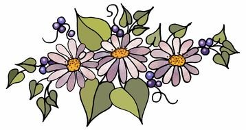 purple flowers among green leaves as a graphic illustration