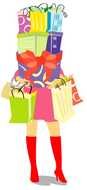 painted girl holds a stack of purchases in her hands