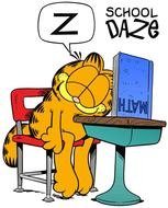 cartoon cat sleeping on desk, character from Garfield School