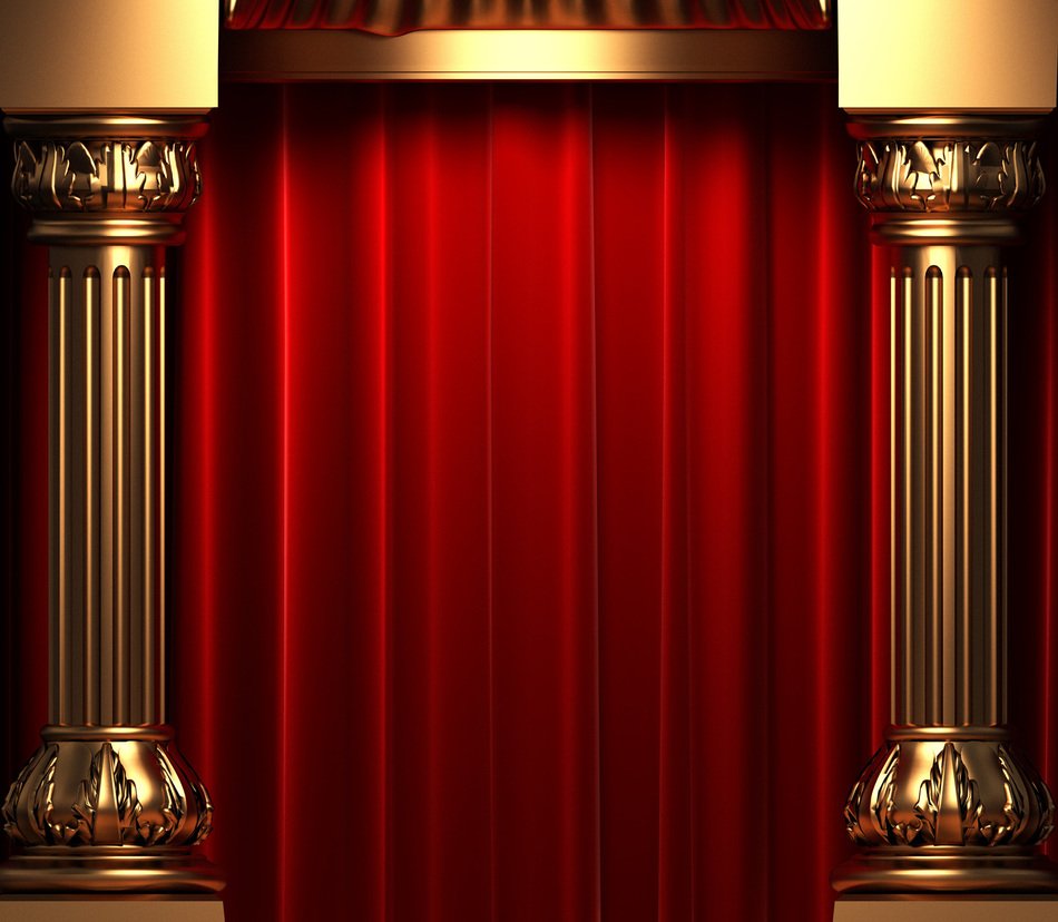 painted golden columns and red curtain