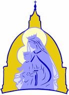 silhouette of the mother of God on the background of the church