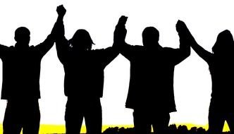 four silhouettes of people with hands up