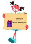 welcome back to school, cartoon wide smiling child girl with banner