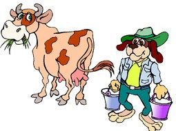 cartoon dog farmer milks a cow