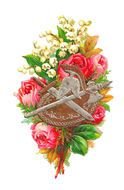 ancient axe, sword and armour on Lily Of The Valley and roses, victorian drawing