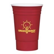 Red plastic Cup with green energy logo