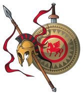 painted greek shield, spear and helmet