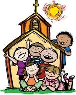 Church School, happy kids at building, Clip Art