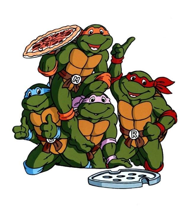 ninja turtles with pizza in hands