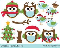 Clip art of Christmas Owls and tree