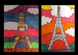 Eiffel Tower at clouds, Simple bright Drawing